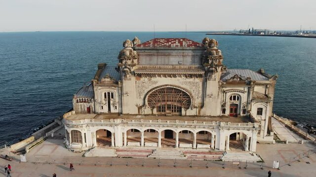 Aerial drone view of old abandoned casino building in Constanta, Romania