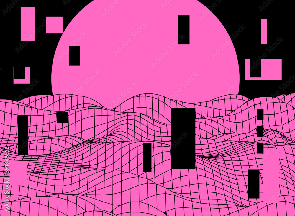 Aufkleber synthwave style retro landscape with glitched and distorted grid. retrowave and vaporwave neon aesth
