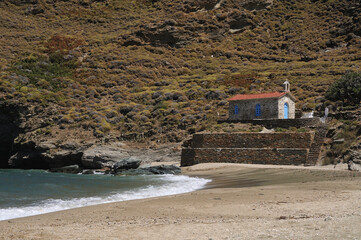 The beach of Achla on the island of Andros Cyclades Greece.Saint Nicholas