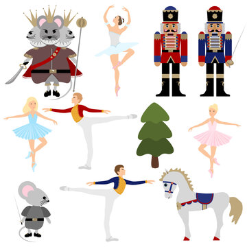 Nutcracker Ballet Christmas Collection. A Set Of Vector Elements. Ballerina, Mouse King, Horse, Prince