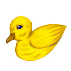 cute illustration elements yellow beautiful duck sitting with blue eye and beak isolated on white background, birds, animals, for greeting cards, decoration, fabric, packaging, design, decor
