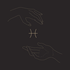 Female Hands Holding Pisces Glyph. Gesture And Pisces Zodiac Sign. Magic Hands Silhouette. Outline Isolated Vector Illustration. Design Element For Logotype, Tattoo, Print, Icon.