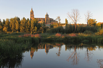 Fototapeta na wymiar A panoramic view of the new cathedral of Salamanca from the Tormes river in summer, Castilla and Leon, Spain
