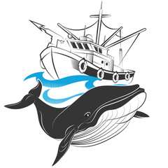 Whaling ship on blue waves and whale design - obrazy, fototapety, plakaty