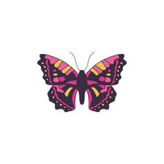 Plakat Purple and yellow exotic butterfly flat cartoon vector illustration isolated.