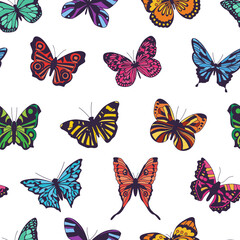 Fototapeta na wymiar Vector seamless background with colorful butterflies with patterns on open wings