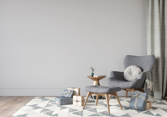 Festive interior with grey armchair and gifts