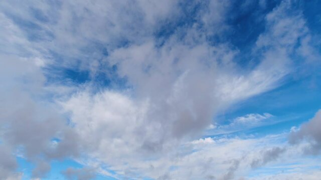 Blue sky and clouds drifting in different directions. Time lapse.