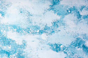 texture of white-blue Christmas plaster, top view, copy space. Winter background