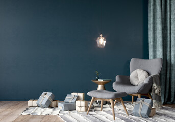 Festive interior with grey armchair and gifts