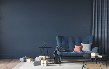 Festive interior with a stylish blue sofa