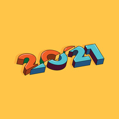 Sliced 2020 and 2021 years numbers. Logotype of the 2021 year. Happy New Year. 3D text on yellow background. Conceptual cheerful youth bright explosive design. Cut 3D text logo symbol.