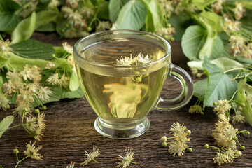 A cup of herbal tea with linden flowers and leaves