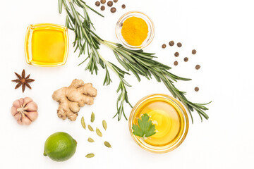 Raw ginger root and dry ginger, honey and turmeric, lime and garlic.