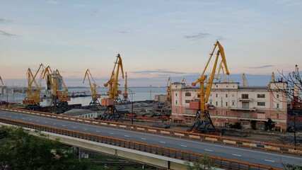 Fototapeta na wymiar Industrial port landscape with cargo cranes and empty cargo overpass