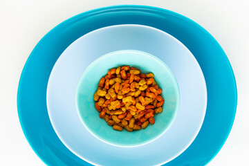 Granulated cat food served on fancy plates in blue and teal shades of color 