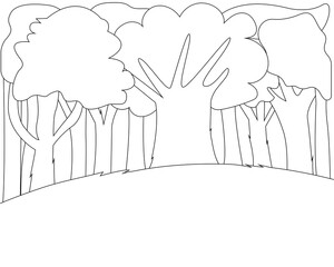 Coloring page. Big trees and a meadow. Beautiful landscape of nature. Fresh forest.