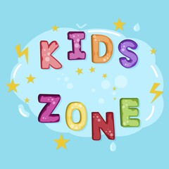 Kids zone vector cartoon logo. Colorful bubble letters for kids playroom decoration.