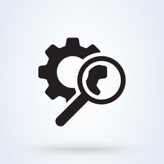 Magnifying glass sign icon or logo. Search Gear Tool concept. looking over the gear to see the detail, vector illustration.