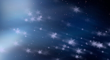 Dark neon abstract winter background with snowflakes. Smooth lines, snowflakes in motion. Winter snowy Christmas abstract background.