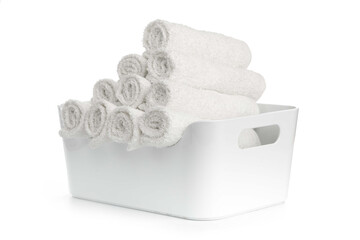  white beach cotton towels stacked in a white box or basket on a white background