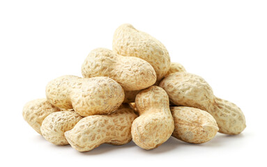 Peanuts in shell heap on white background. Isolated