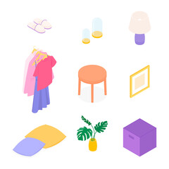 Isometric home decoration and furniture set. Vector collection. Illustration in flat design.