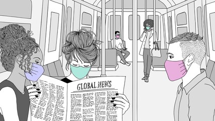 Hand drawn illustration of young people sitting on the underground / subway wearing face masks