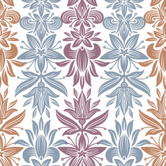 Vector seamless pattern colorful tender design of lined silhouettes flowers in pastel colors