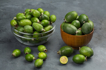 Feijoa fruits in studio at black background