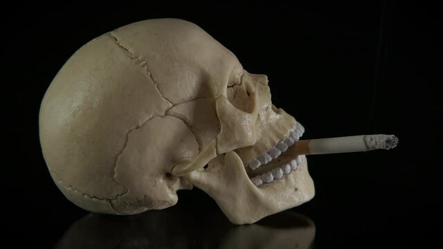 Smoking kills. Skull with a burning cigarette on a black background. Death from smoking cigarettes.