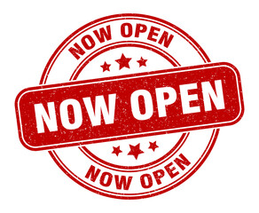 now open stamp. now open label. round grunge sign