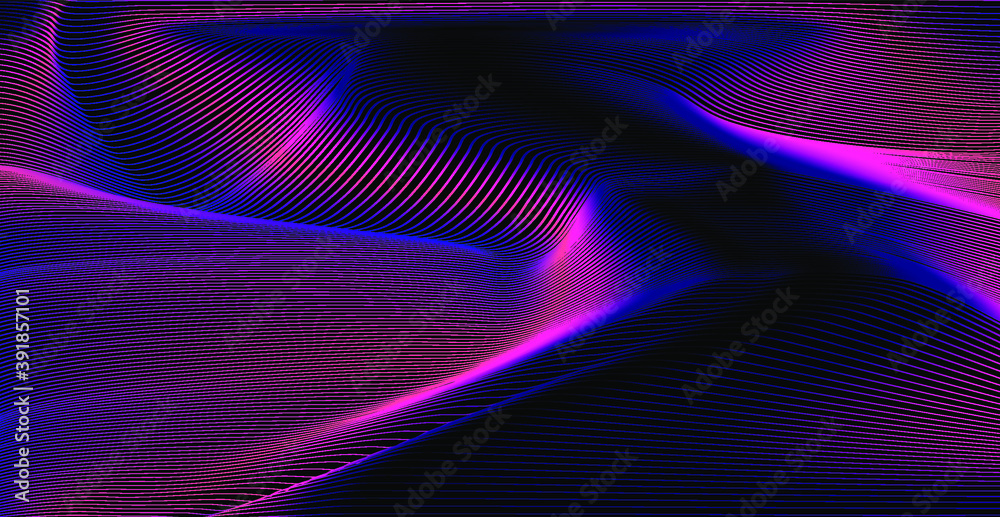 Poster glowing neon holographic grid, glitched wavy surface. abstract science and technology background.