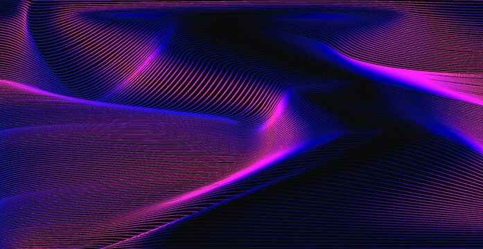 Glowing neon holographic grid, glitched wavy surface. Abstract science and technology background.