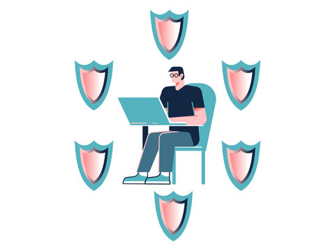 Internet Security Illustration. A Person Working On A Computer Surounded By Shields And Feeling Safe. Vector On A White Background.