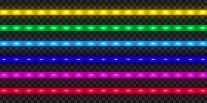 LED strip collection. Colorful glowing illuminated tape decoration. Realistic neon lights