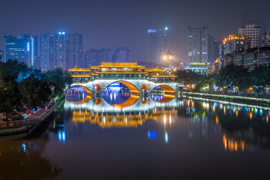 Anshun Bridge at night, Chengdu, China