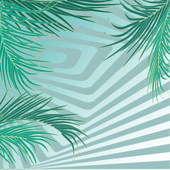 Fototapeta na wymiar Vector background with decorative palm leaves in tropics against backdrop of labyrinth of stripes. Vibrant trendy blue and green luxury colors. For background decoration of invitations, posters, sales