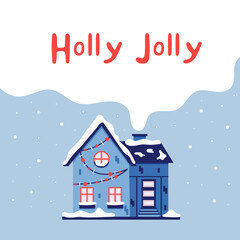 Christmas house with chimney holly jolly. New year greeting card. Vector illustration in blue shades