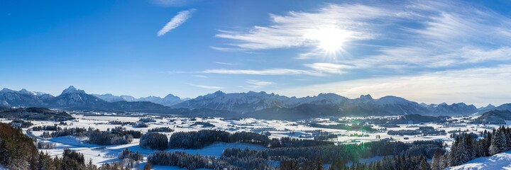 panoramic landscape at winter with alps mountains in Bavaria