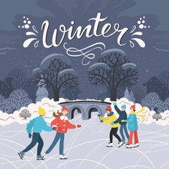 Fototapeta na wymiar Vector cartoon illustration on the theme of winter, holidays, hobby, entertainment, pastime. Colorful background with young people skating on the rink. Winter landscape for use in design