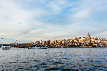 Amazing view of Istanbul city from the sea befor sunset, Bosporus strait, Turkey.