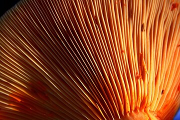 Bright orange gills on cap botoom of Saffron Milk-cap, also called Red Pine Mushroom, latin name Lactarius Deliciosus, in autumn sunshine. 