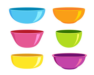 Set of empty plastic or ceramic bowls of different forms on white background. Colourful dishware for breakfast or dinner. Vector illustration.