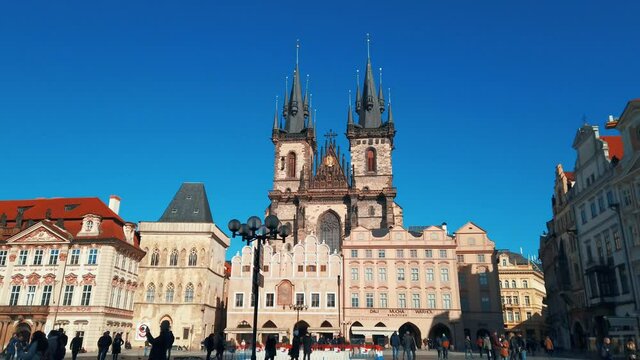 PRAGUE, CZECH REPUBLIC - MAR 14, 2020: Old town square street view with historical urban architecture. 