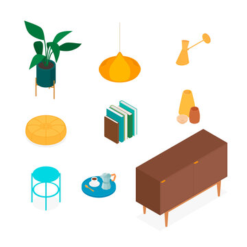 Isometric home decoration and furniture set. Vector collection. Illustration in flat design.