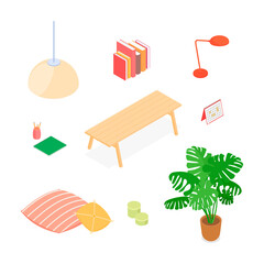 Isometric home decoration and furniture set. Vector collection. Illustration in flat design.