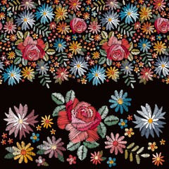 Beautiful embroidery design with colorful flowers on black background. Creative print for fabric.