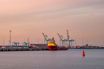 Container terminal in the port of Zeebrugge at sunset. View from the viewing platform near the monument "Visserskruis"