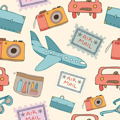 Seamless vector pattern vintage travelling design with camera, airplane, car